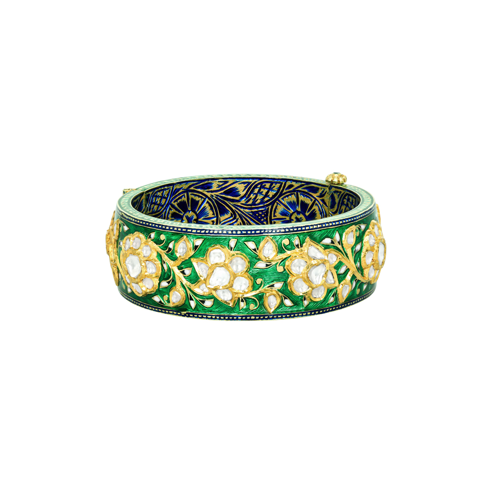 Green Enamel Bangle with Polki Florals and Blue Inner Motifs
